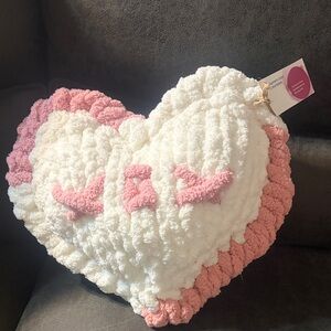 Heart-Shaped Pink and White Plush Pillow